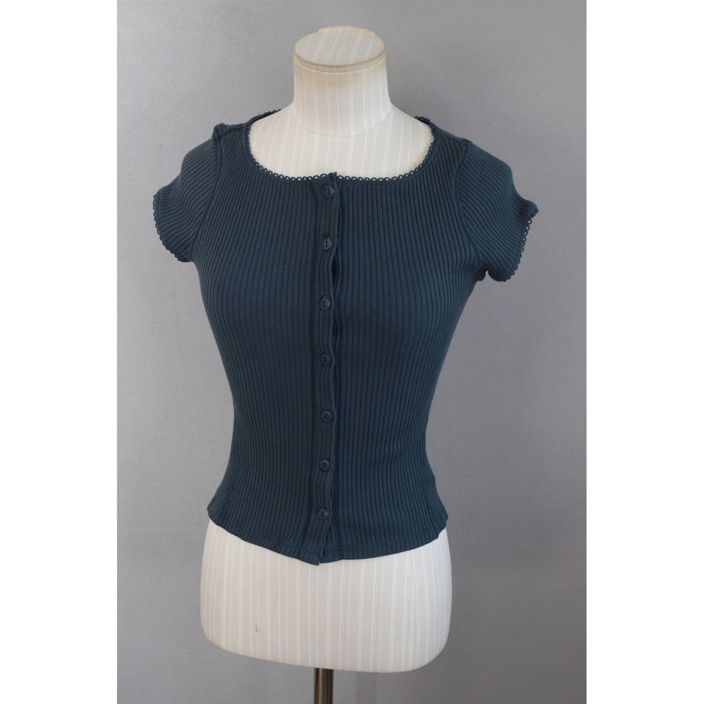 Intimately Free People Top XS Gray Blue Ribbed Lace Trim Button Down Womens Tee